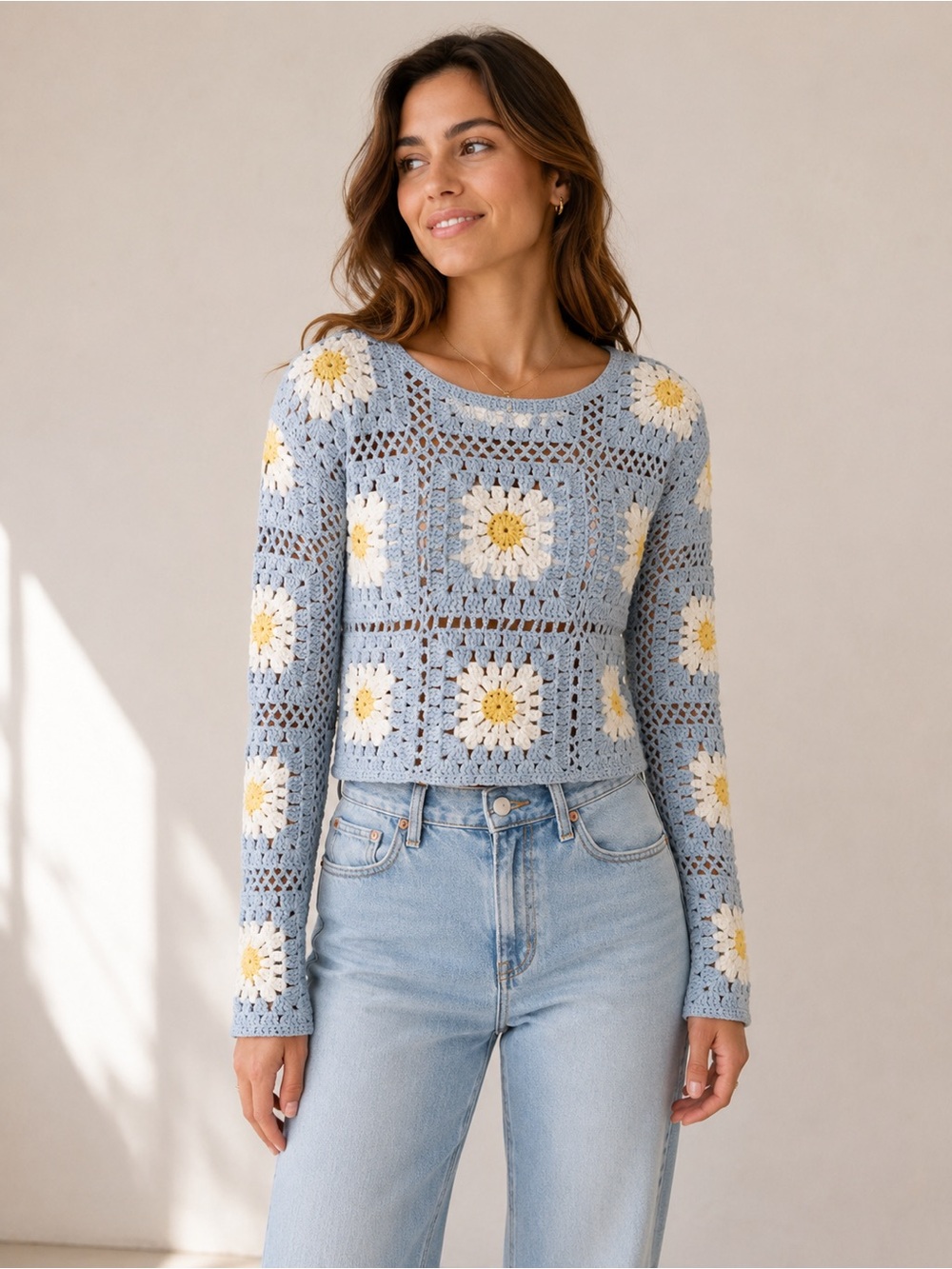 Truth by Republic Daisy Crochet Sweater Blue Floral Open Knit Cottagecore L